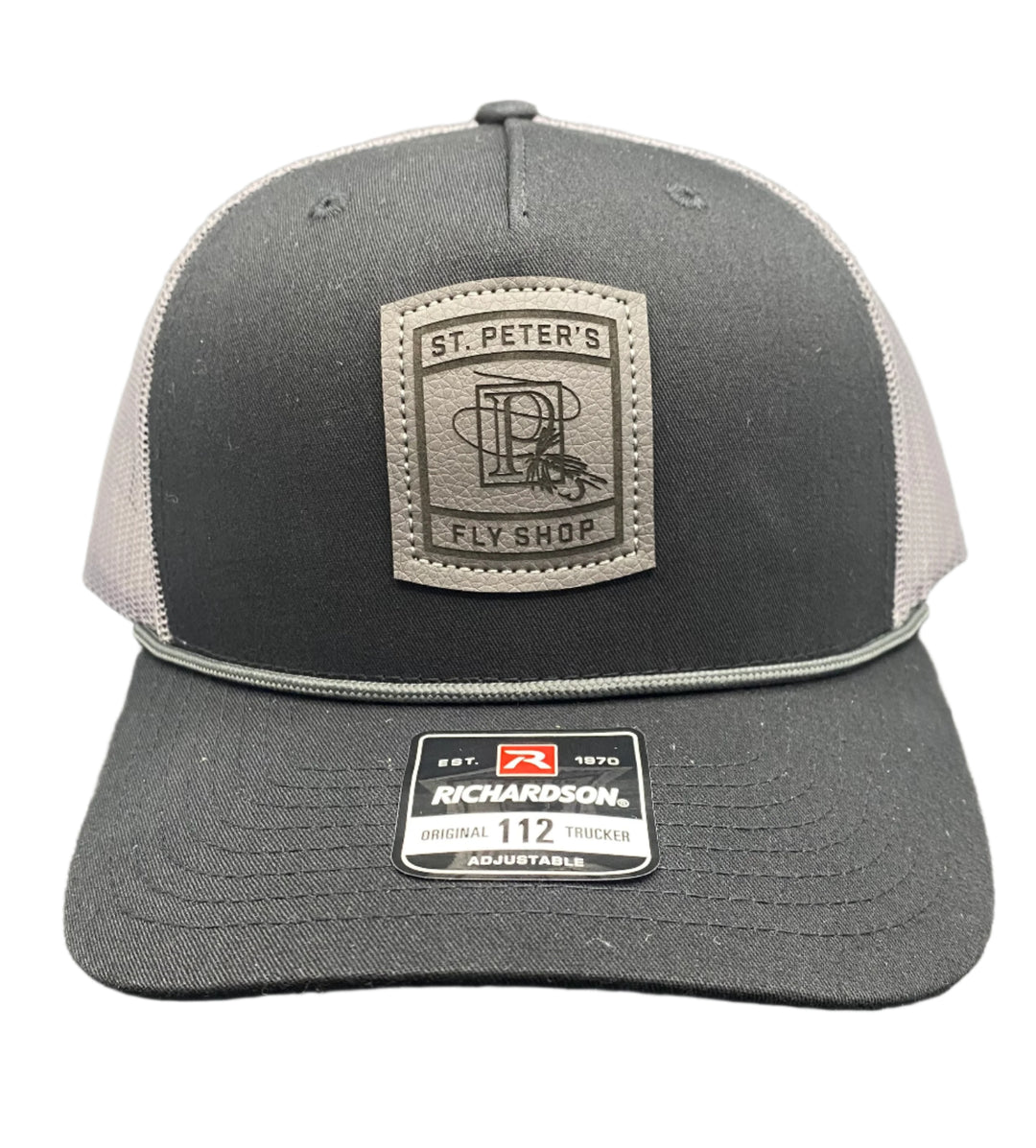 Richardson Sports St. Peter's Classic Logo Leather Patch Trucker Hat Black/Charcoal Mesh/ Charcoal Rope