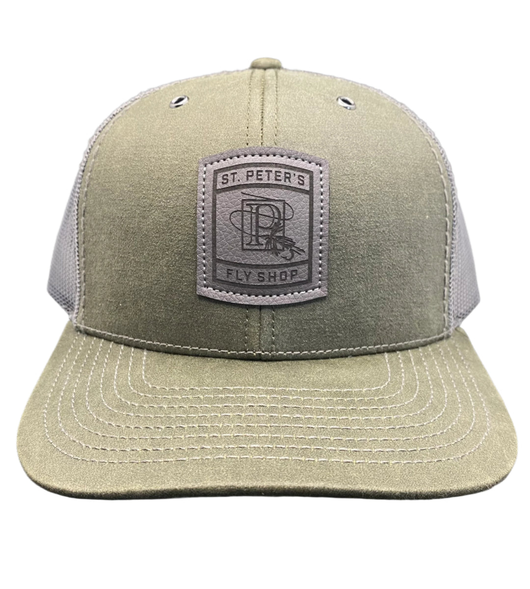 Richardson Sports St. Peter's Classic Logo Leather Patch Trucker Hat Olive/Charcoal