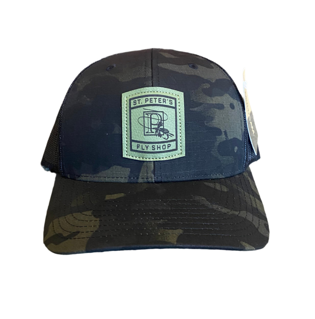 Richardson Sports St. Peter's Classic Logo Leather Patch Trucker Hat Black Camo