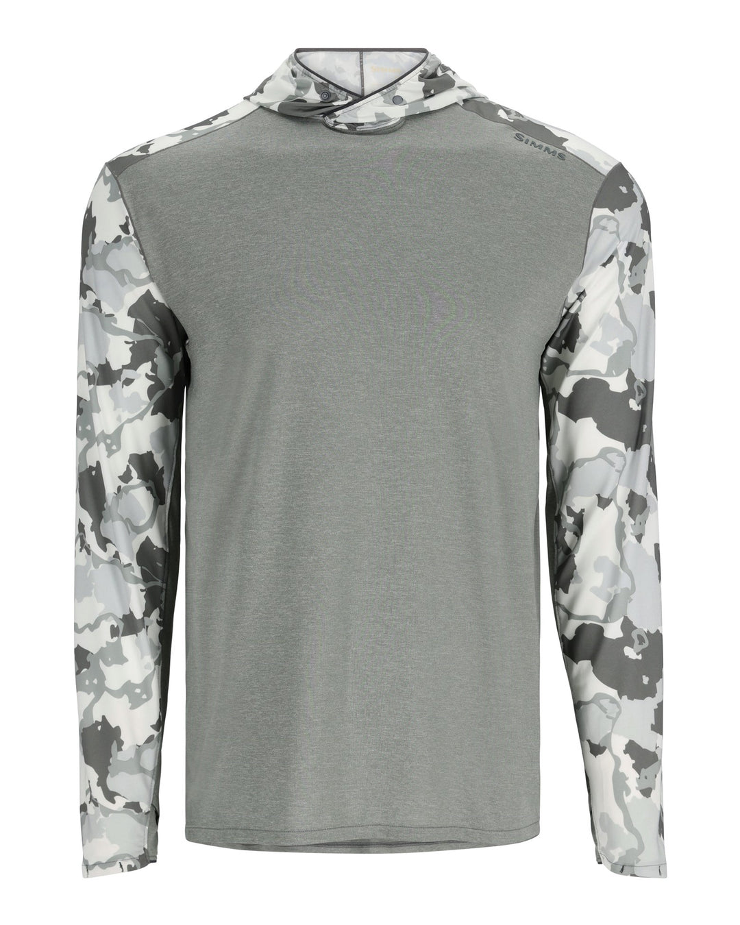 Simms Bugstopper Solarflex Hoody Back Manifesto Logo Red - Cinder / Regiment Camo Cinder