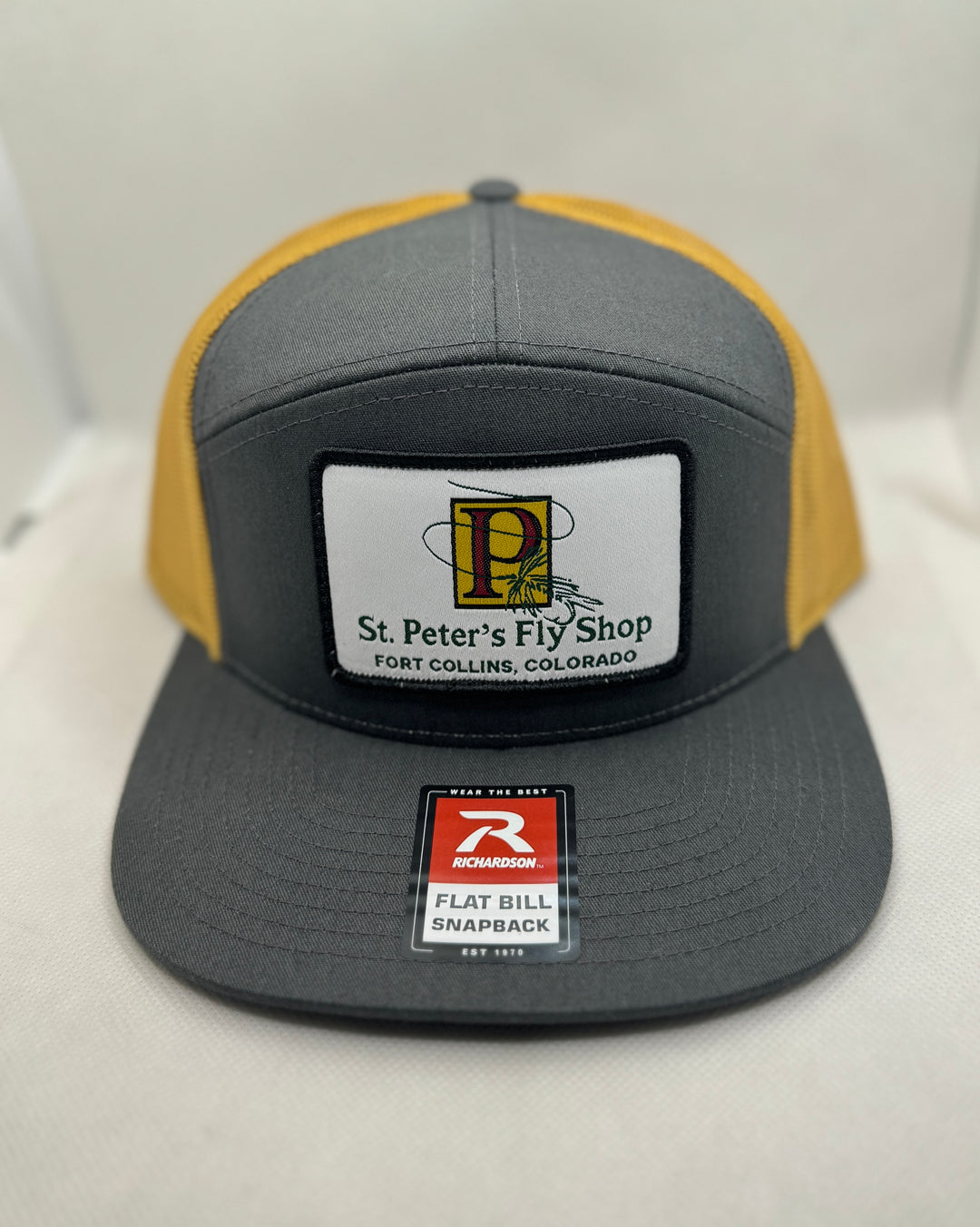 Richardson Sports St. Peter's Classic Logo Patch 7 Panel Trucker Hat Charcoal/ Old Gold One Size