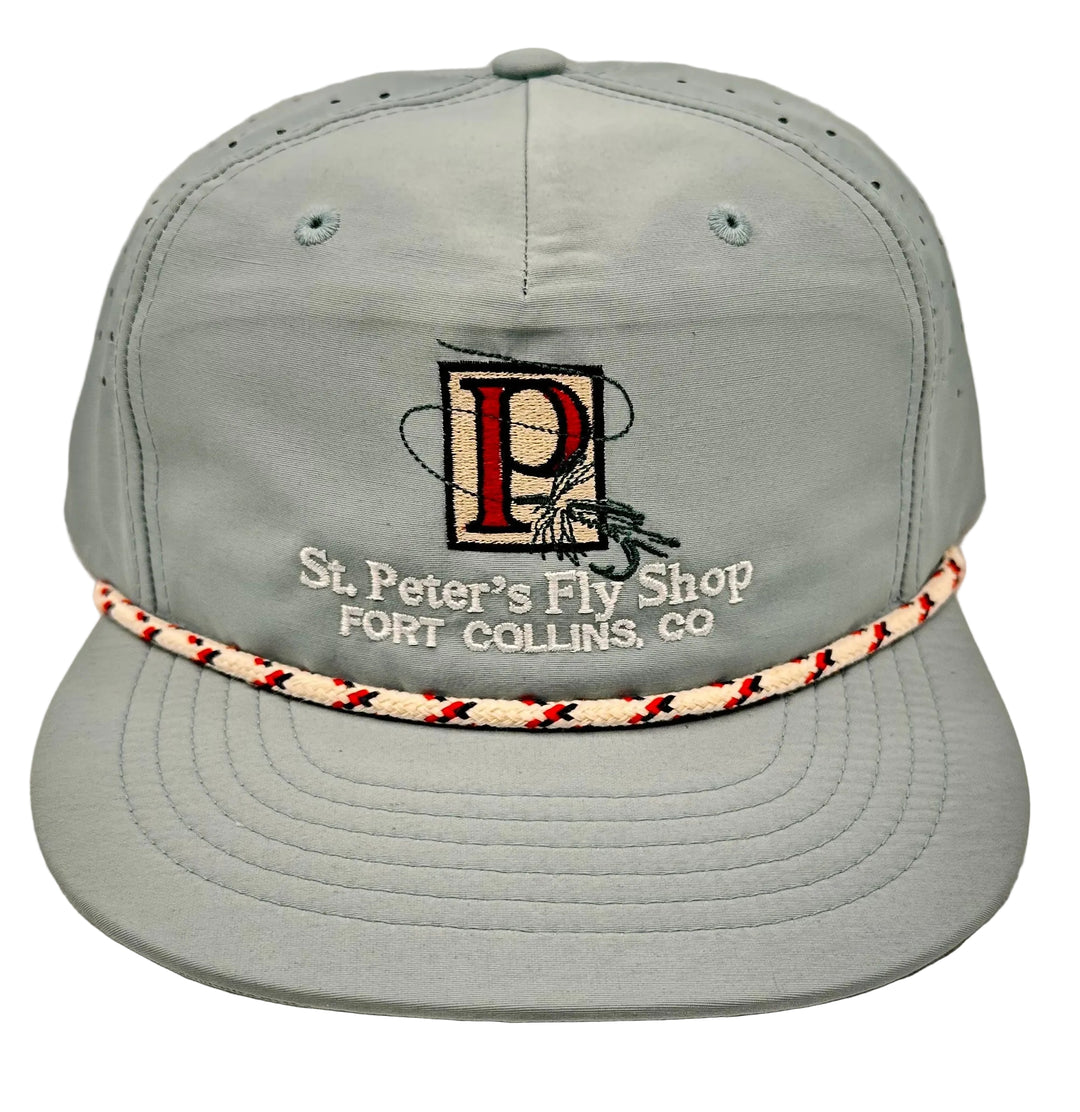 Gray cap with St. Peter's Fly Shop logo and text on a light gray background