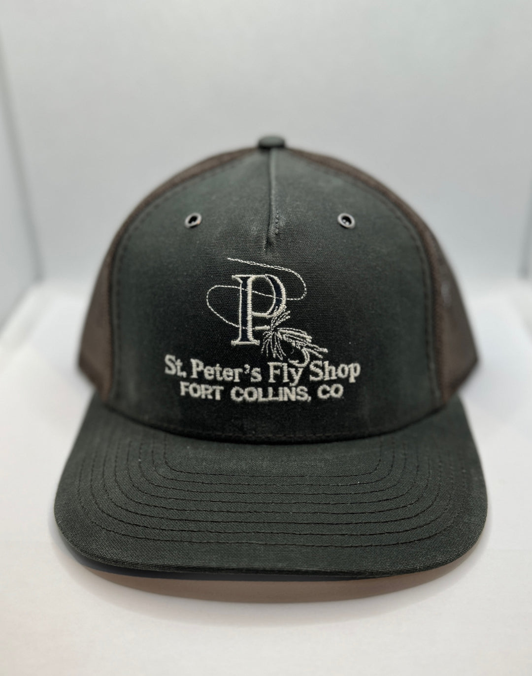 Richardson Sports St. Peter's Classic Solid White Logo Hawthorne Trucker Hat Dark Olive / Coffee One Size