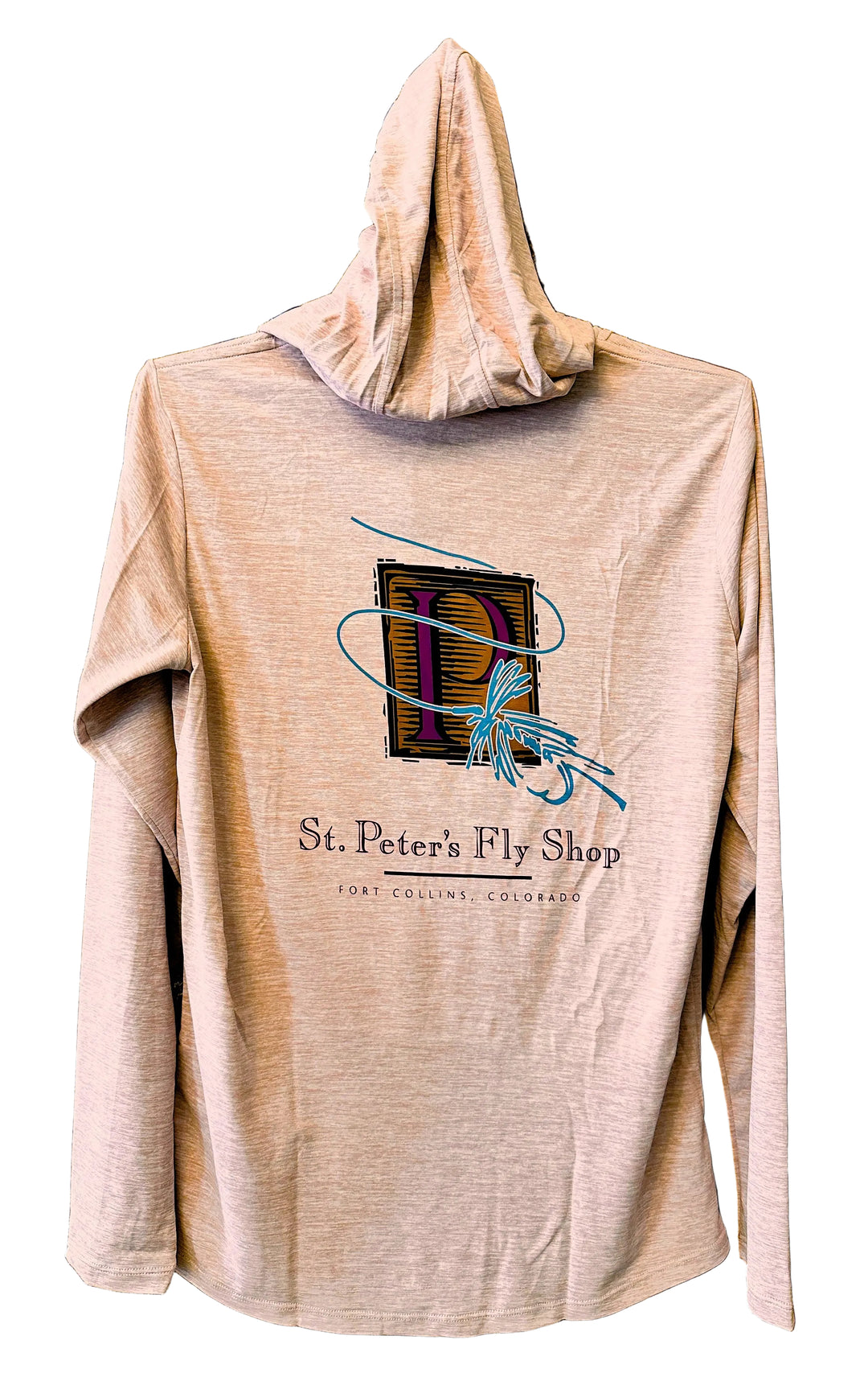 light pink hoodie with 'St. Peter's Fly Shop' logo on a brick wall background