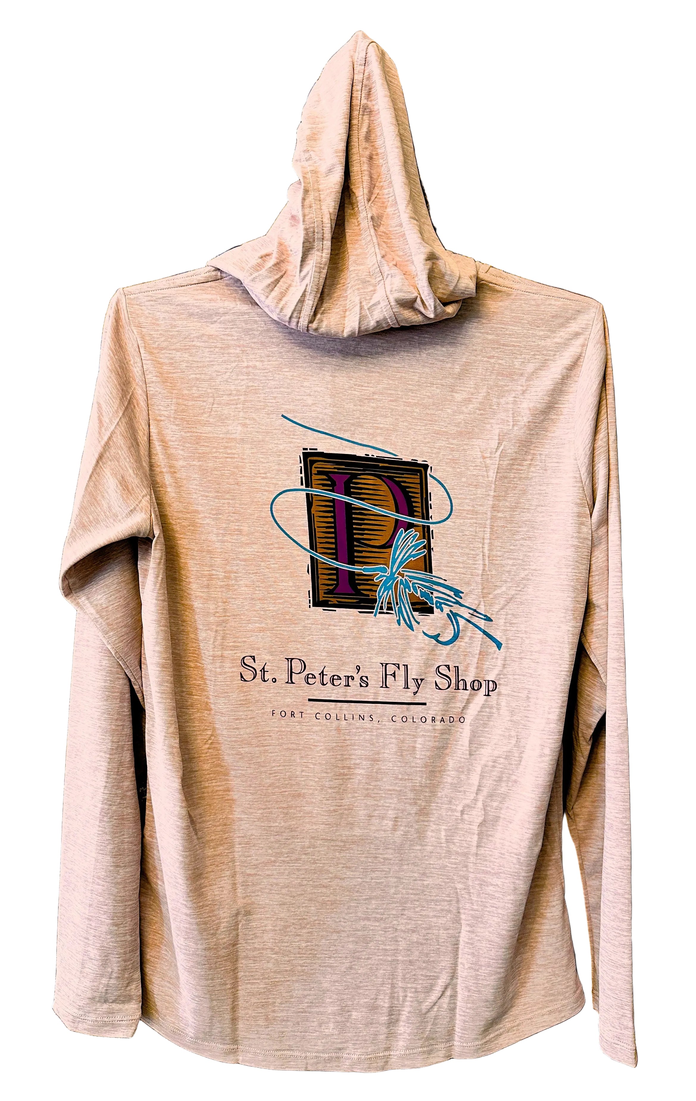 light pink hoodie with 'St. Peter's Fly Shop' logo on a brick wall background
