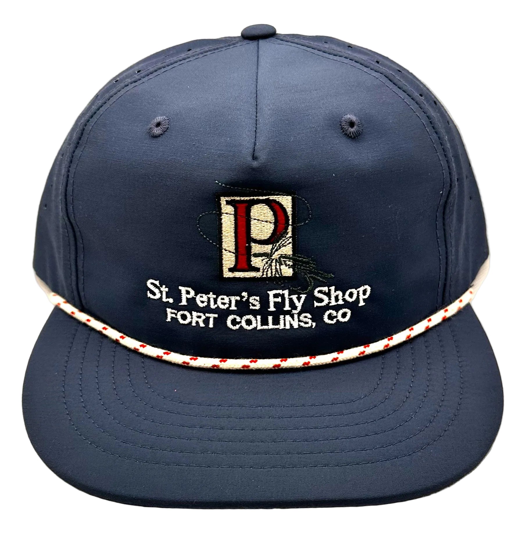 Navy blue cap with St. Peter's Fly Shop logo and text on a white background
