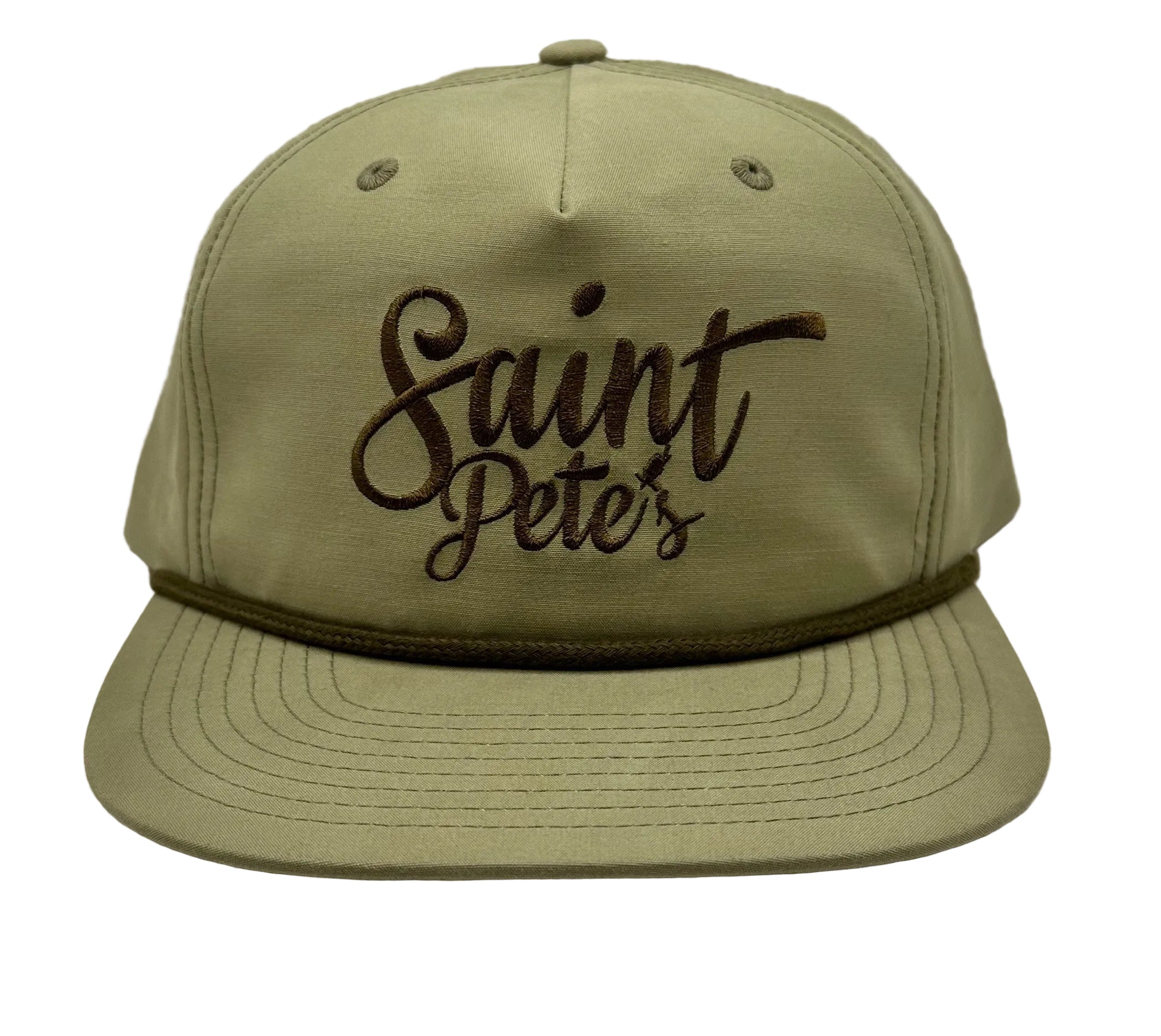 sage color hat with olive writing