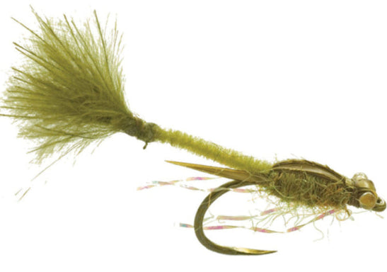 Fishing fly with green body and brownish-red wings on a white background